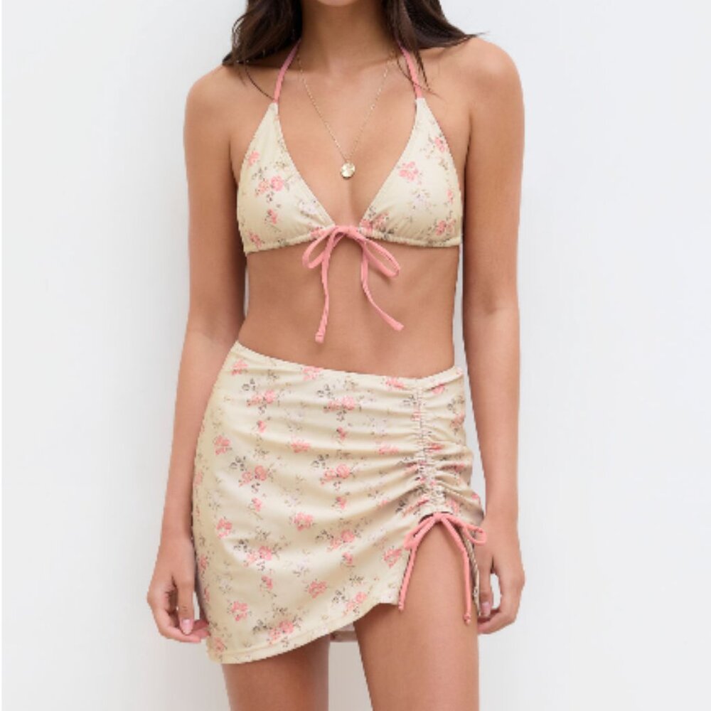 Cream/Pink Floral Bikini Set & Drawstring Cover Up Skirt